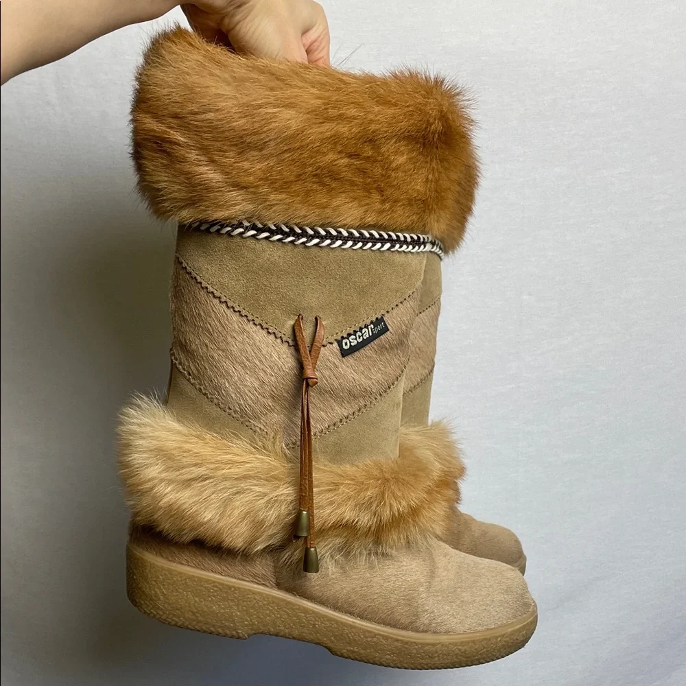 ITALY Leather suede Real fur Sherpa Tan mink Fur Trimmed Women Boots SKI WINTER